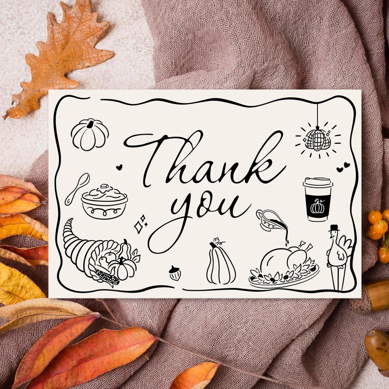 Whaline 24 Pack Thanksgiving Thank You Cards Fall Black Turkey Pumpkin Pie Thank You Greeting Note Cards with Envelope Sticker for Autumn Harvest Wedding - Image 4